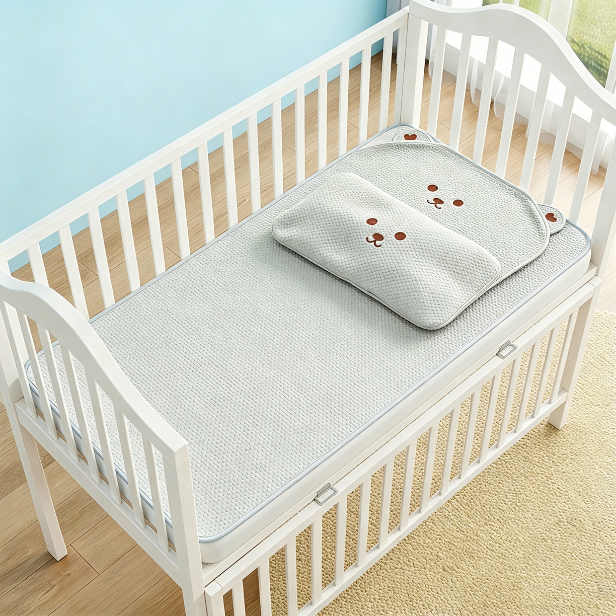 91家纺网 家纺一手货源 找家纺 川悦生活 2026新款A类凉豆豆绣花冰丝儿童凉席 萌熊绿