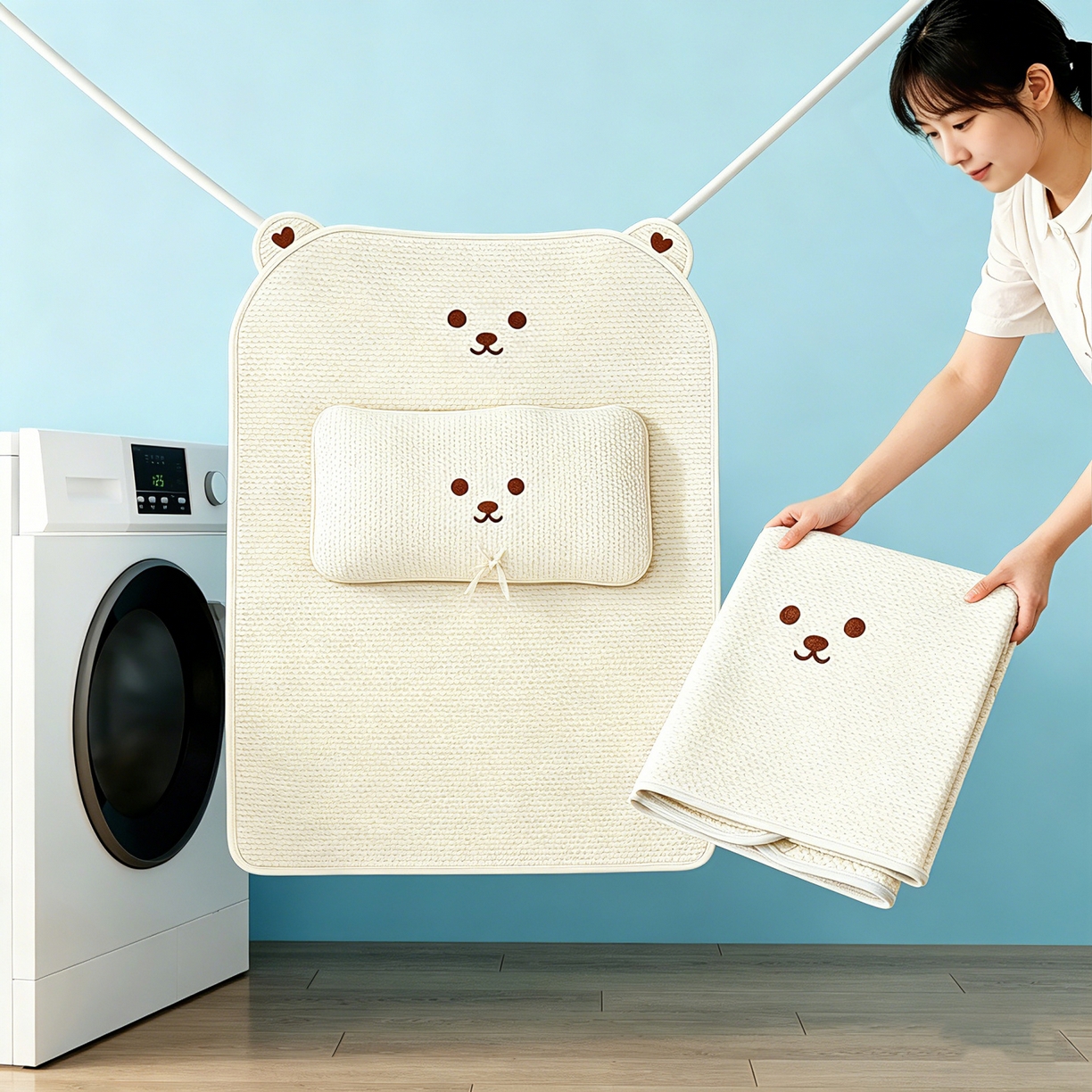 91家纺网 家纺一手货源 找家纺 川悦生活 2026新款A类凉豆豆绣花冰丝儿童凉席 萌熊米