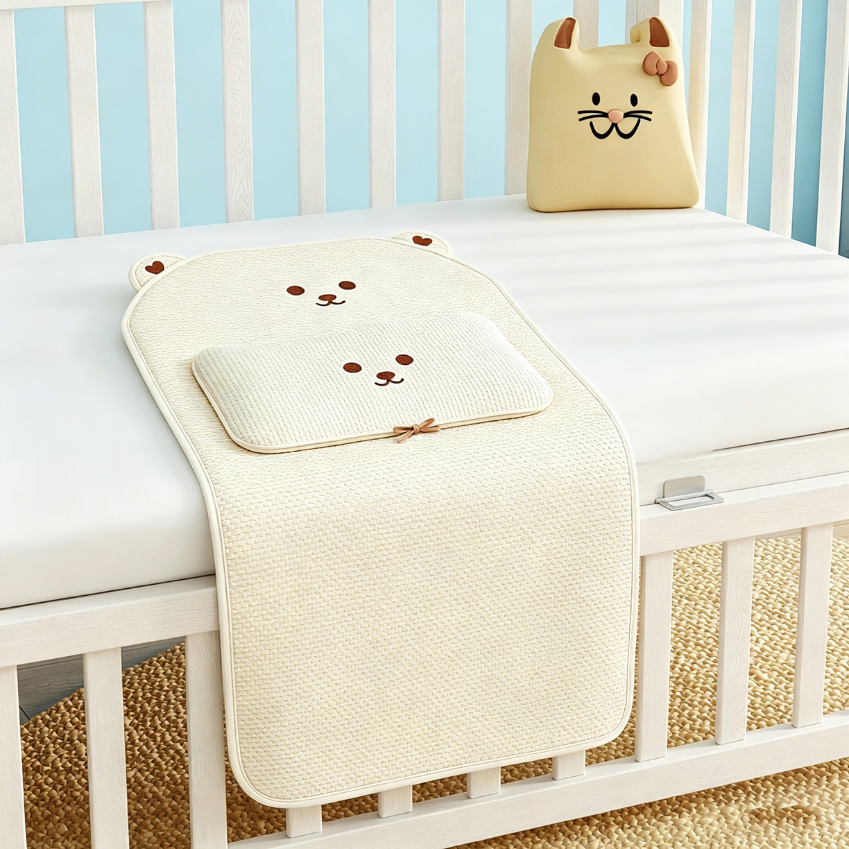 91家纺网 家纺一手货源 找家纺 川悦生活 2026新款A类凉豆豆绣花冰丝儿童凉席 萌熊米