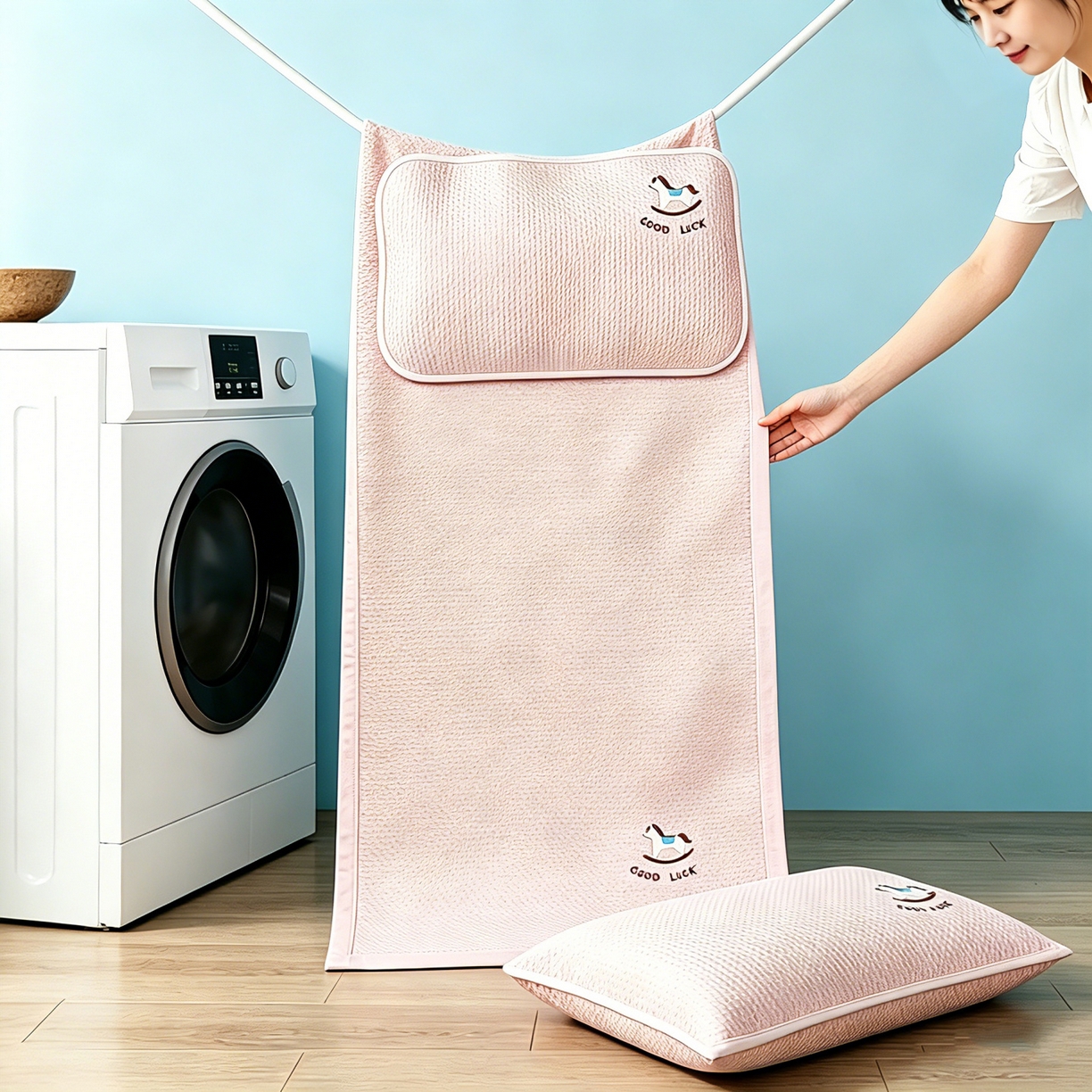 91家纺网 家纺一手货源 找家纺 川悦生活 2026新款A类凉豆豆绣花冰丝儿童凉席 奶小马粉