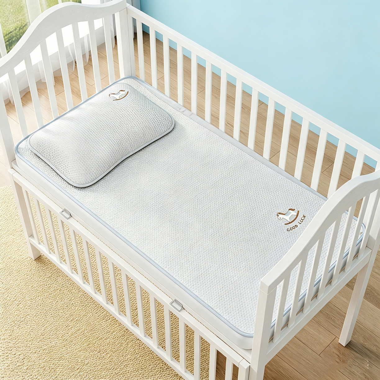 91家纺网 家纺一手货源 找家纺 川悦生活 2026新款A类凉豆豆绣花冰丝儿童凉席 奶小马灰