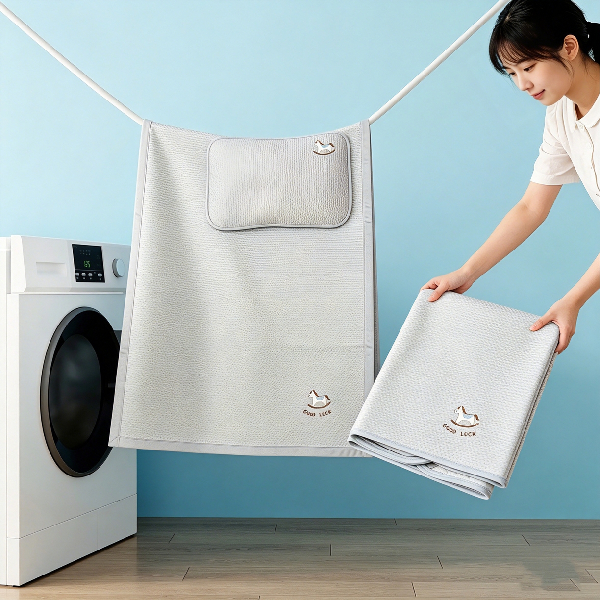 91家纺网 家纺一手货源 找家纺 川悦生活 2026新款A类凉豆豆绣花冰丝儿童凉席 奶小马灰