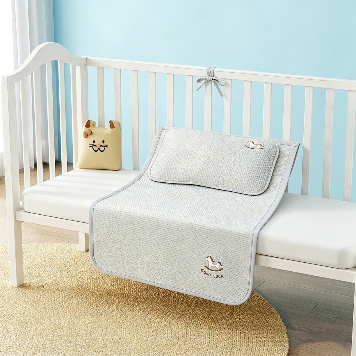 91家纺网 家纺一手货源 找家纺 川悦生活 2026新款A类凉豆豆绣花冰丝儿童凉席 奶小马灰