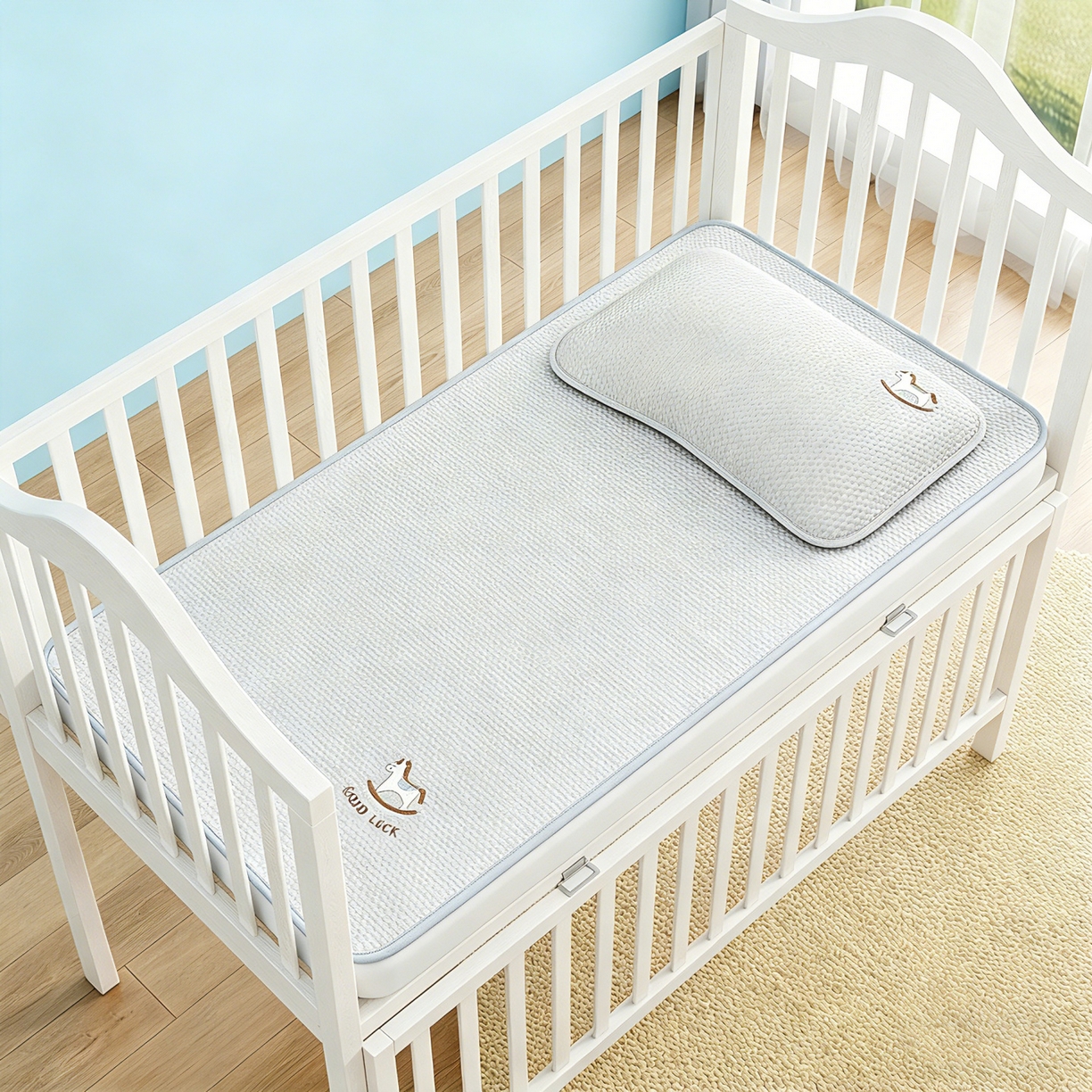 91家纺网 家纺一手货源 找家纺 川悦生活 2026新款A类凉豆豆绣花冰丝儿童凉席 奶小马灰