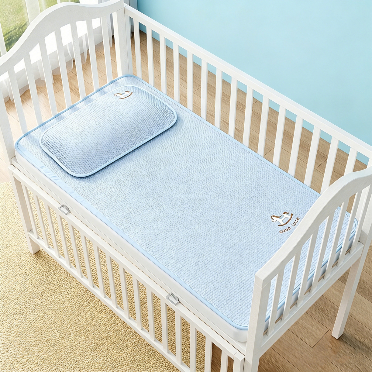 91家纺网 家纺一手货源 找家纺 川悦生活 2026新款A类凉豆豆绣花冰丝儿童凉席 奶小马蓝