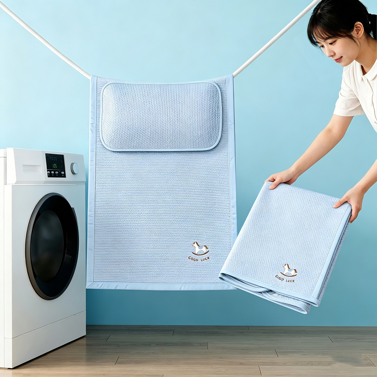 91家纺网 家纺一手货源 找家纺 川悦生活 2026新款A类凉豆豆绣花冰丝儿童凉席 奶小马蓝