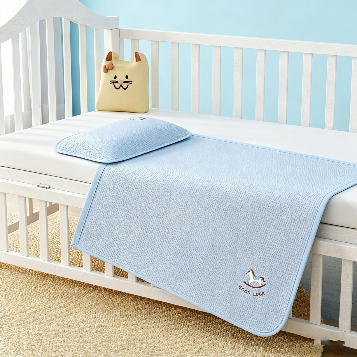 91家纺网 家纺一手货源 找家纺 川悦生活 2026新款A类凉豆豆绣花冰丝儿童凉席 奶小马蓝