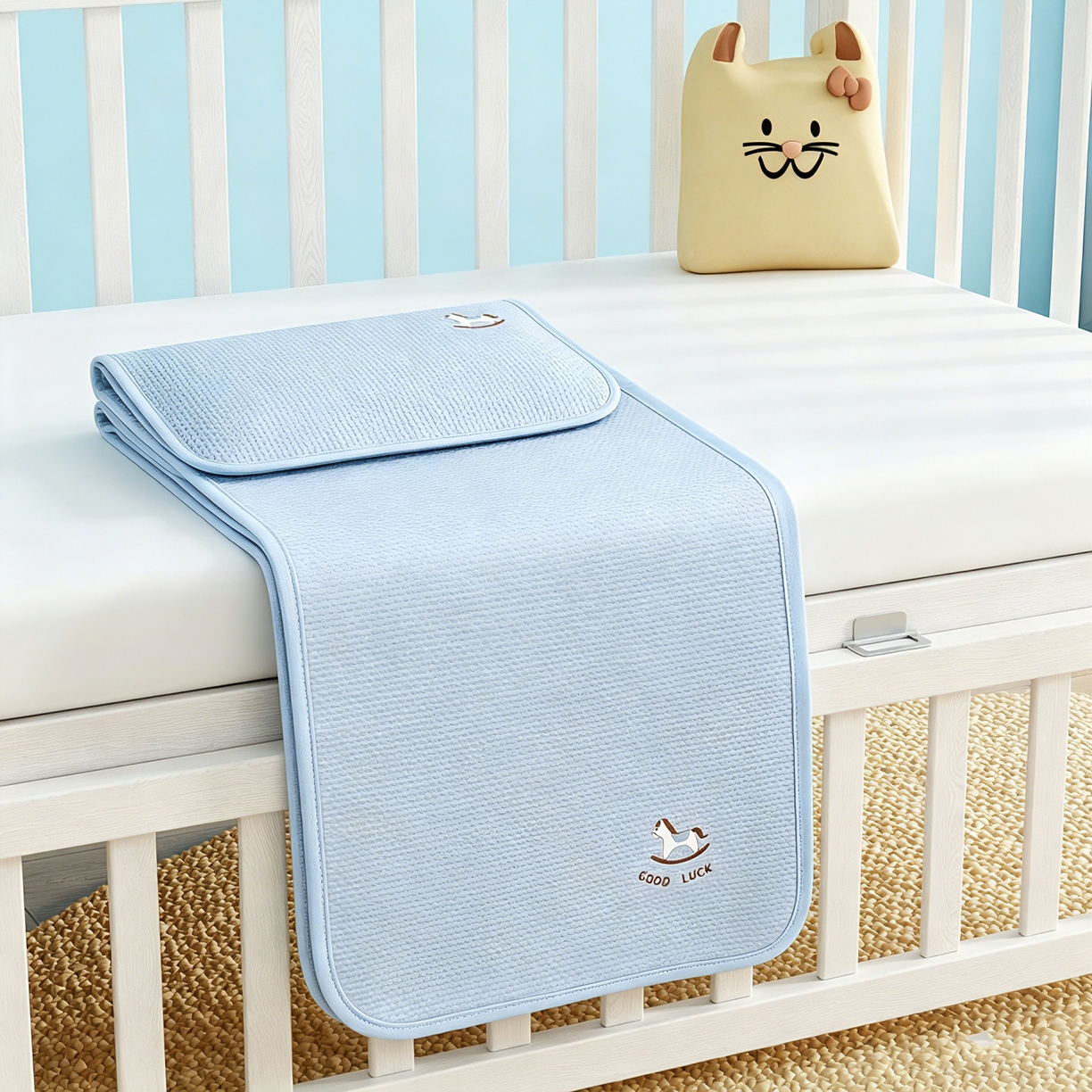 91家纺网 家纺一手货源 找家纺 川悦生活 2026新款A类凉豆豆绣花冰丝儿童凉席 奶小马蓝