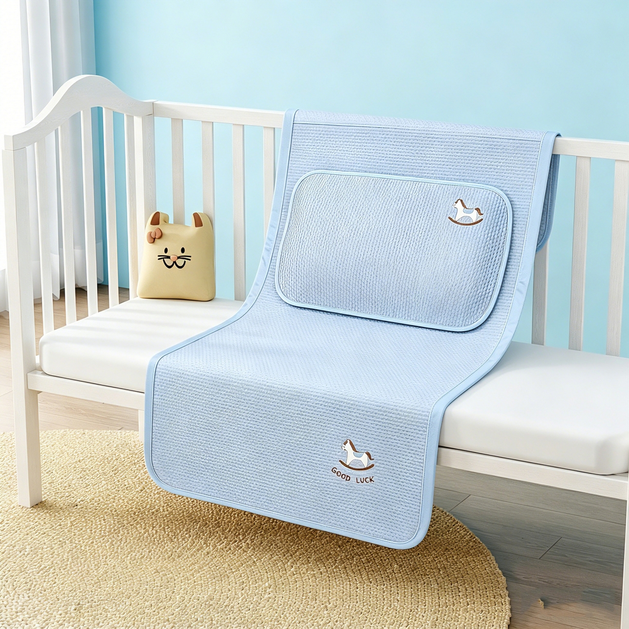 91家纺网 家纺一手货源 找家纺 川悦生活 2026新款A类凉豆豆绣花冰丝儿童凉席 奶小马蓝