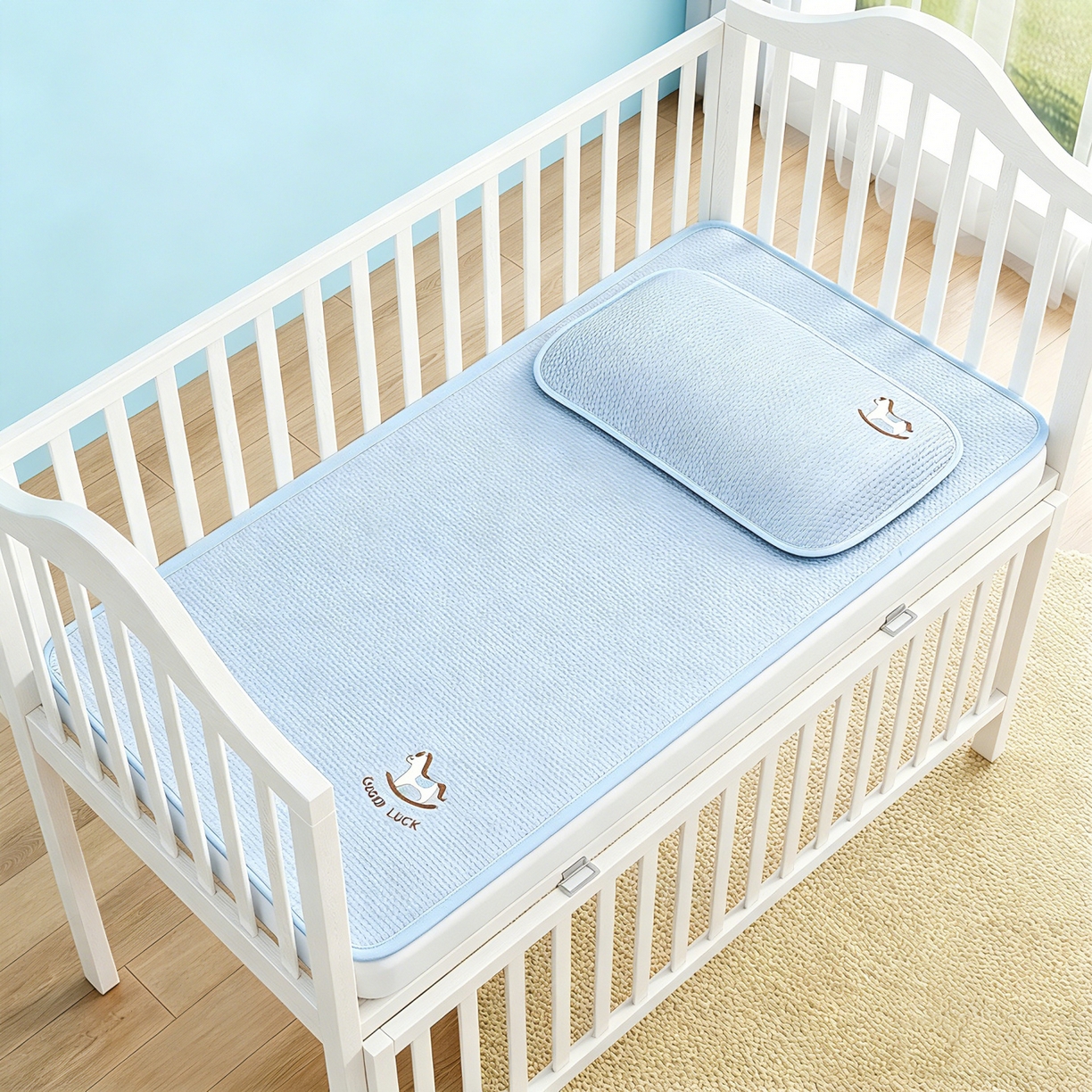 91家纺网 家纺一手货源 找家纺 川悦生活 2026新款A类凉豆豆绣花冰丝儿童凉席 奶小马蓝