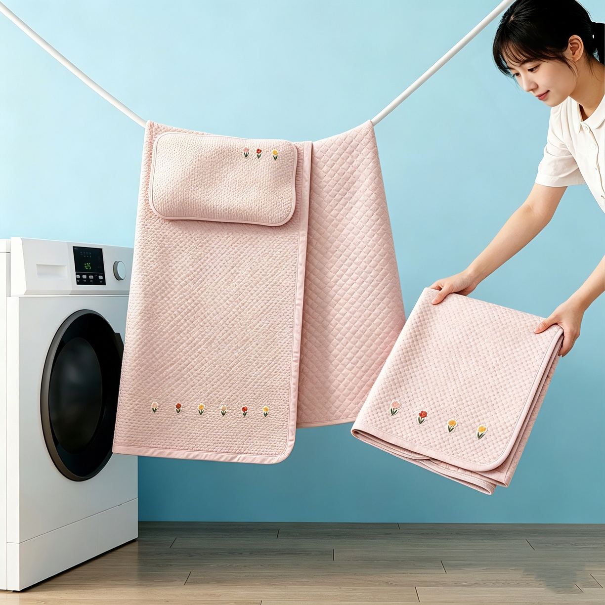 91家纺网 家纺一手货源 找家纺 川悦生活 2026新款A类凉豆豆绣花冰丝儿童凉席 郁香粉