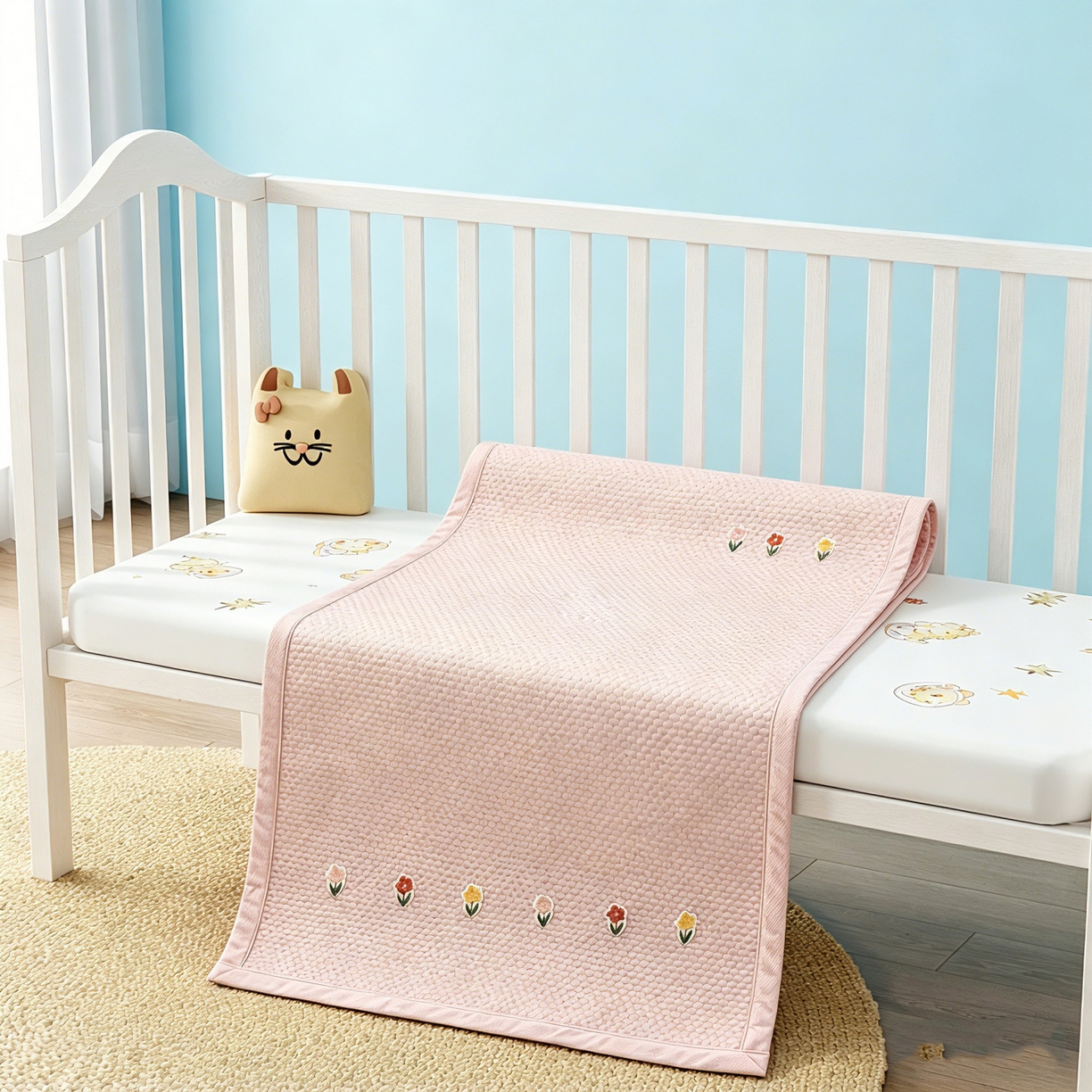 91家纺网 家纺一手货源 找家纺 川悦生活 2026新款A类凉豆豆绣花冰丝儿童凉席 郁香粉