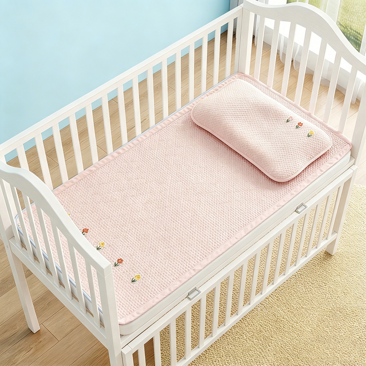 91家纺网 家纺一手货源 找家纺 川悦生活 2026新款A类凉豆豆绣花冰丝儿童凉席 郁香粉