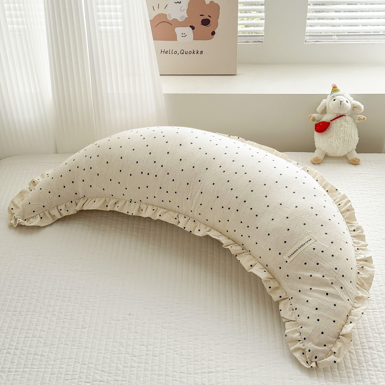 蔻眠 升级款棉麻花边月亮长抱枕夹腿抱枕芯多功能月亮枕头 升级款-波点