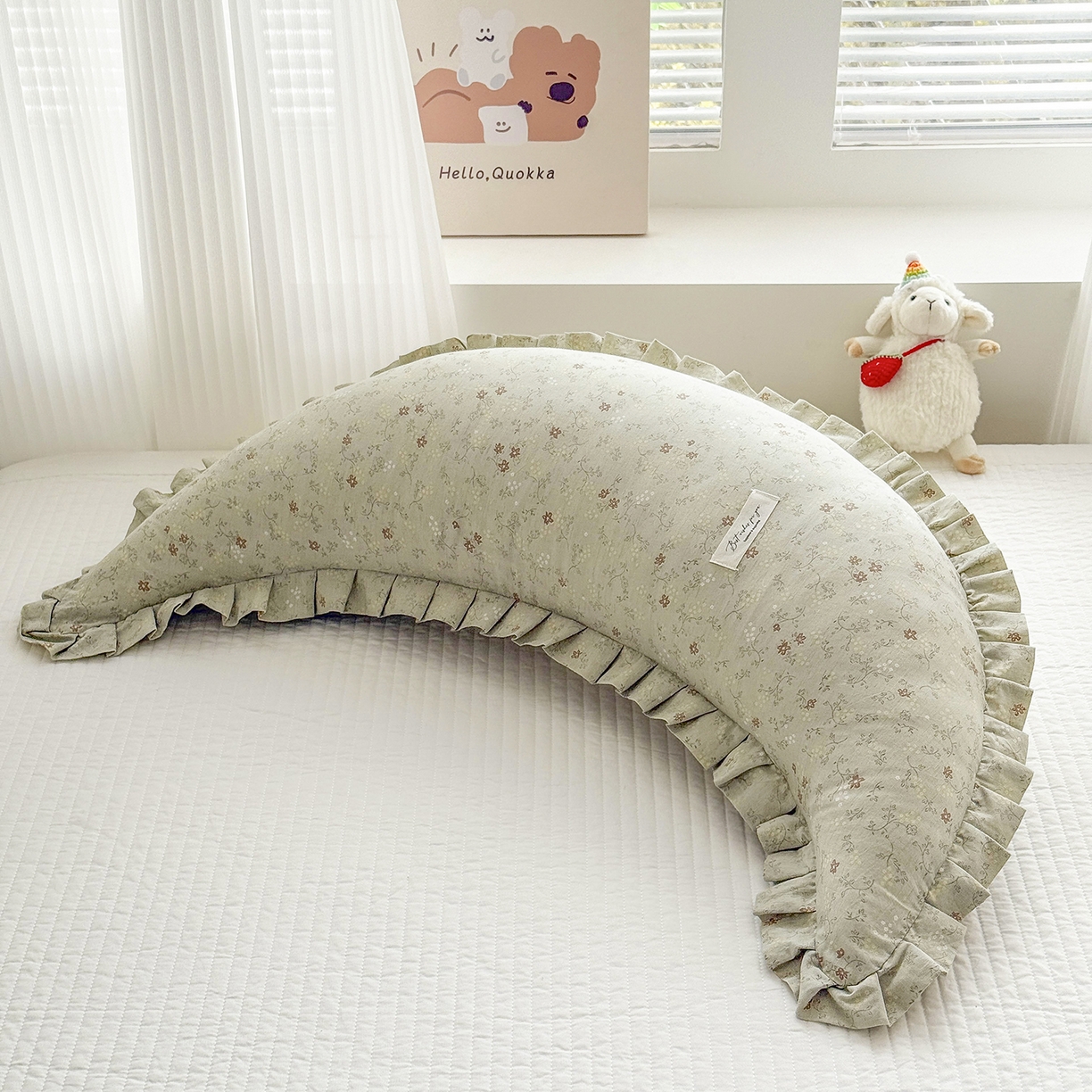 蔻眠 升级款棉麻花边月亮长抱枕夹腿抱枕芯多功能月亮枕头 升级款-青枝绿意