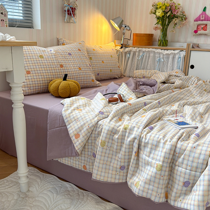 91家纺网 家纺一手货源 找家纺 老帅的工厂店 2026新款A类全棉双层纱大豆纤维夏被 南瓜派