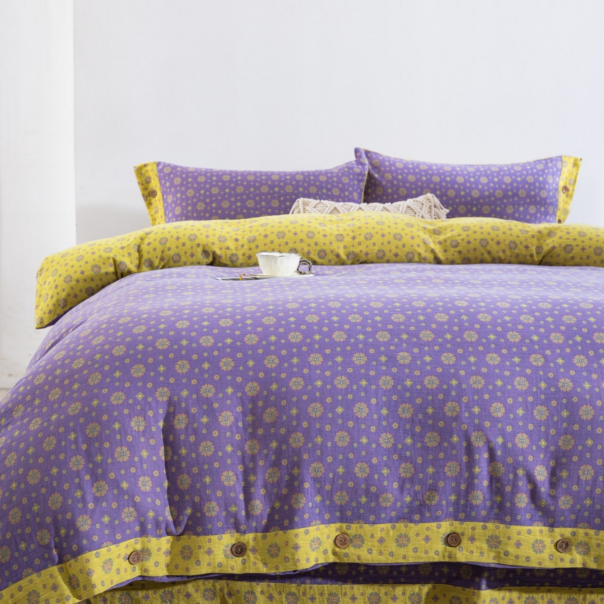 91家纺网 家纺一手货源 找家纺 （总）仰望棉麻双层纱供应链 2026新款星语全棉纯棉色织提花纽扣款四件套