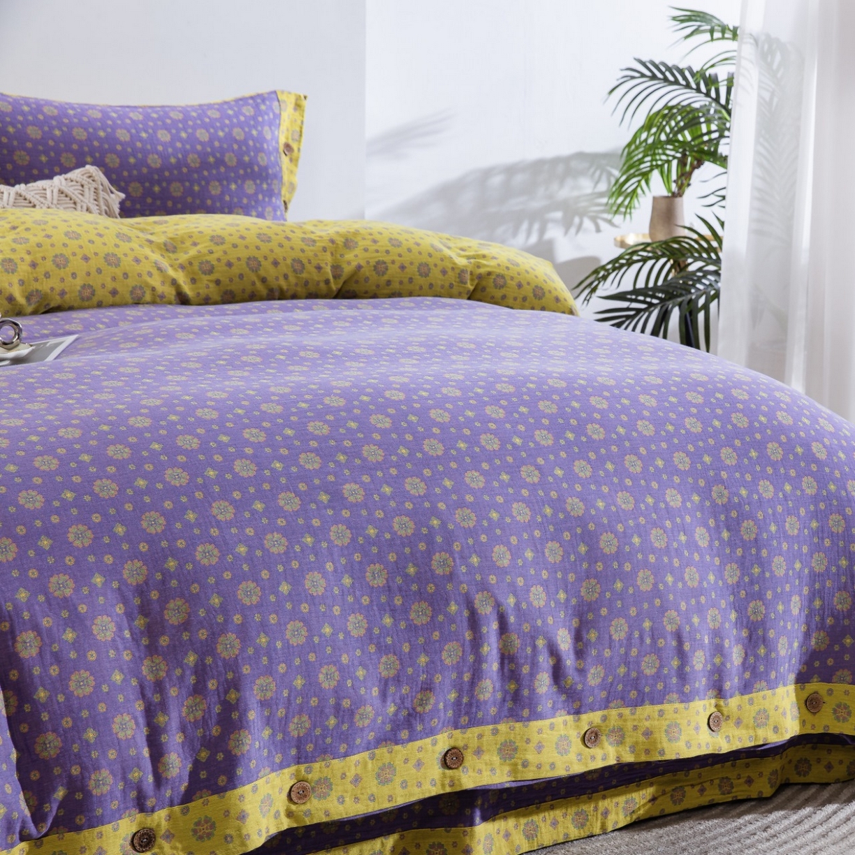 91家纺网 家纺一手货源 找家纺 （总）仰望棉麻双层纱供应链 2026新款星语全棉纯棉色织提花纽扣款四件套