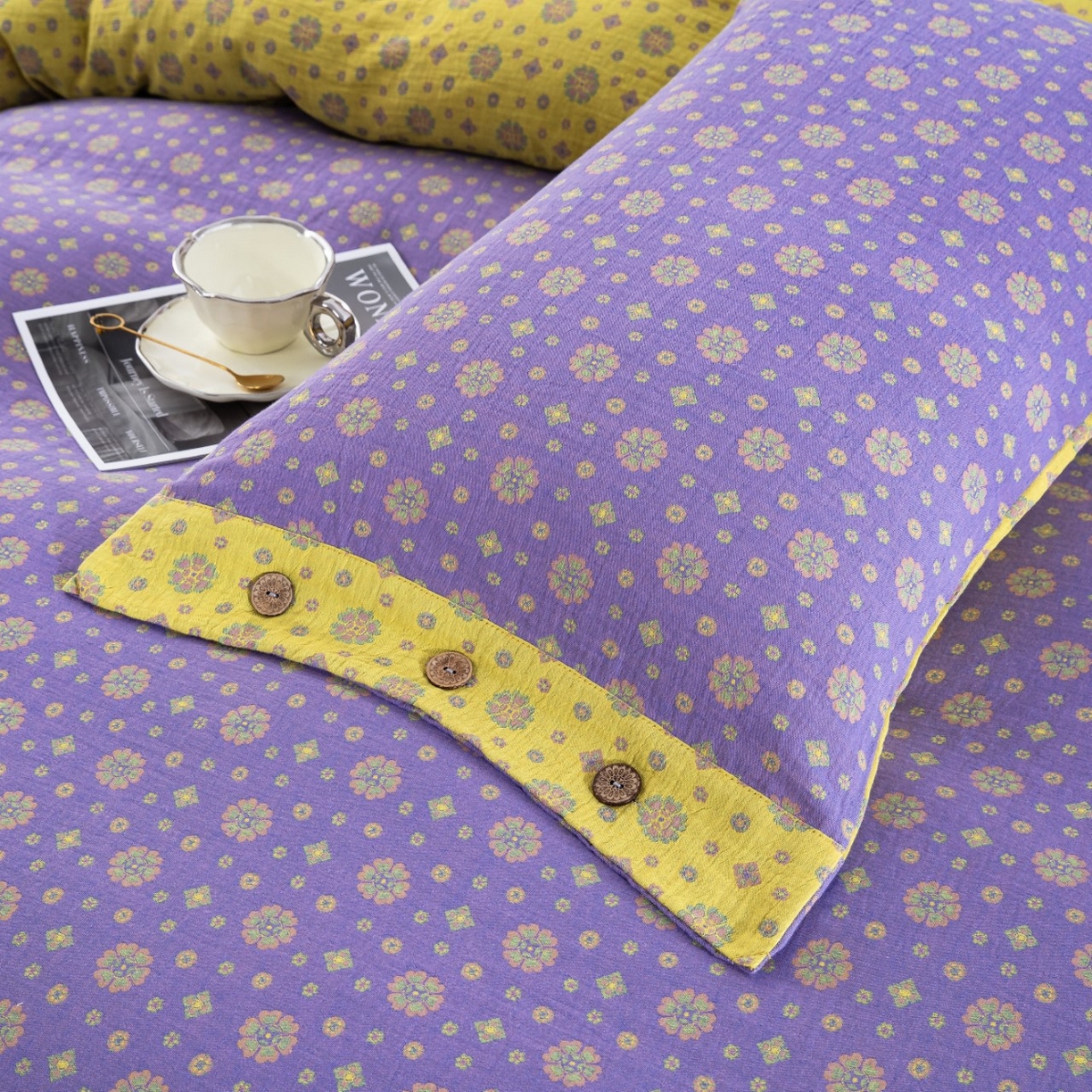 91家纺网 家纺一手货源 找家纺 （总）仰望棉麻双层纱供应链 2026新款星语全棉纯棉色织提花纽扣款四件套