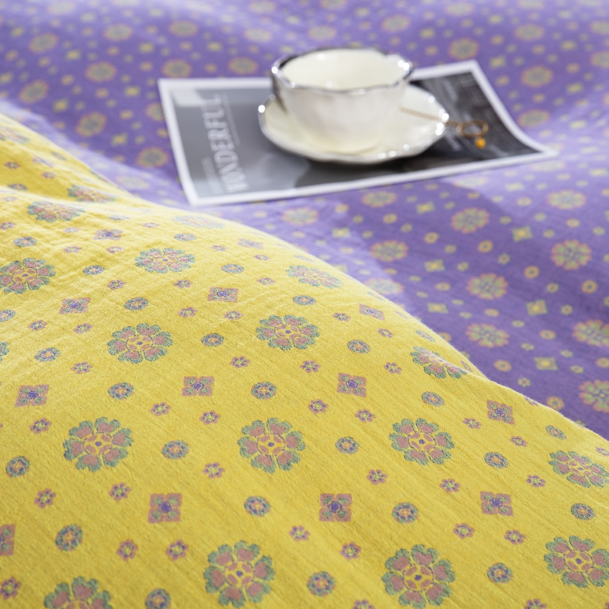 91家纺网 家纺一手货源 找家纺 （总）仰望棉麻双层纱供应链 2026新款星语全棉纯棉色织提花纽扣款四件套