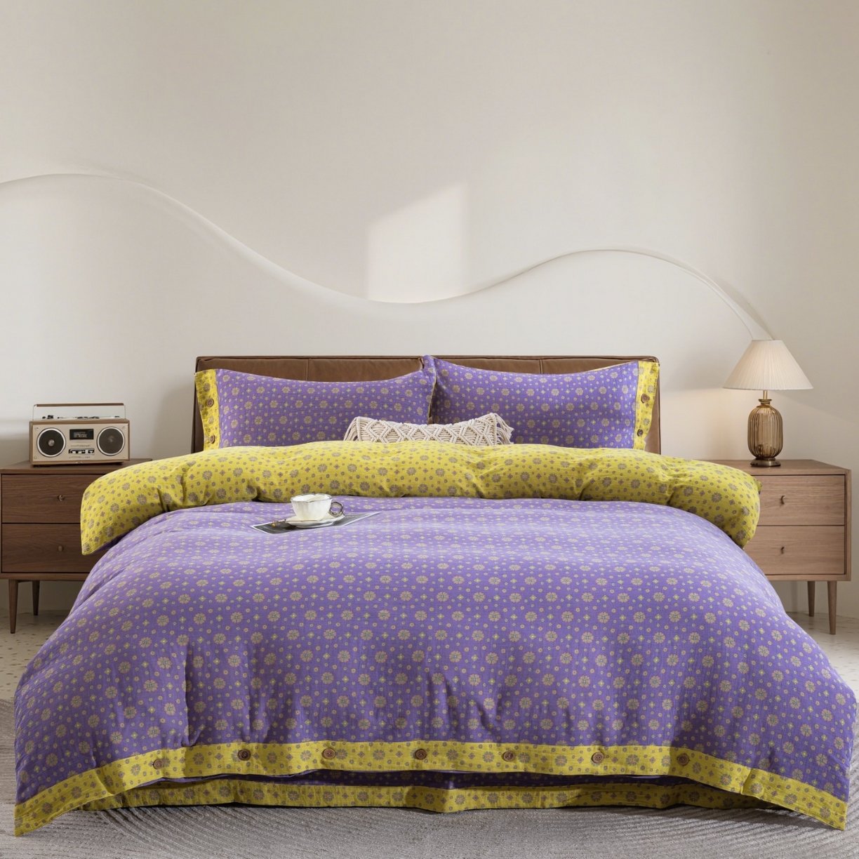 91家纺网 家纺一手货源 找家纺 （总）仰望棉麻双层纱供应链 2026新款星语全棉纯棉色织提花纽扣款四件套