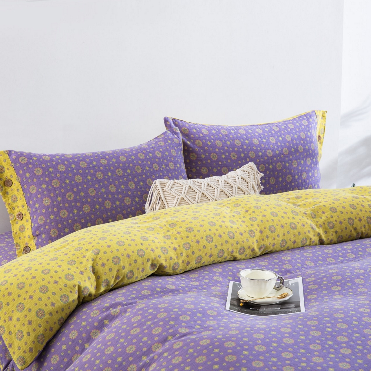 91家纺网 家纺一手货源 找家纺 （总）仰望棉麻双层纱供应链 2026新款星语全棉纯棉色织提花纽扣款四件套