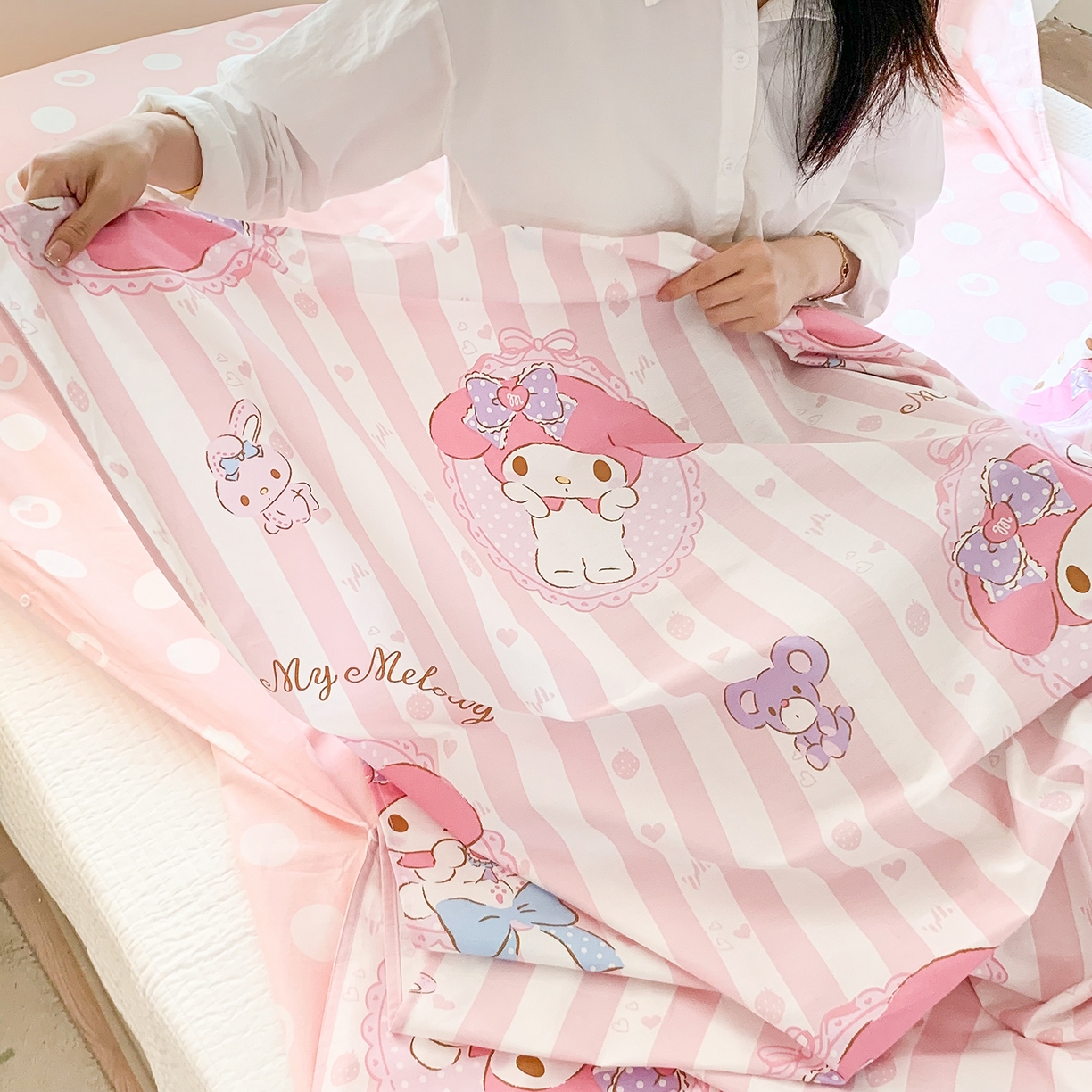 91家纺网 家纺一手货源 找家纺 玉元坊 2026新款三丽鸥正版授权儿童卡通全棉纯棉旅行隔脏睡袋火车出行睡袋 甜甜美乐蒂