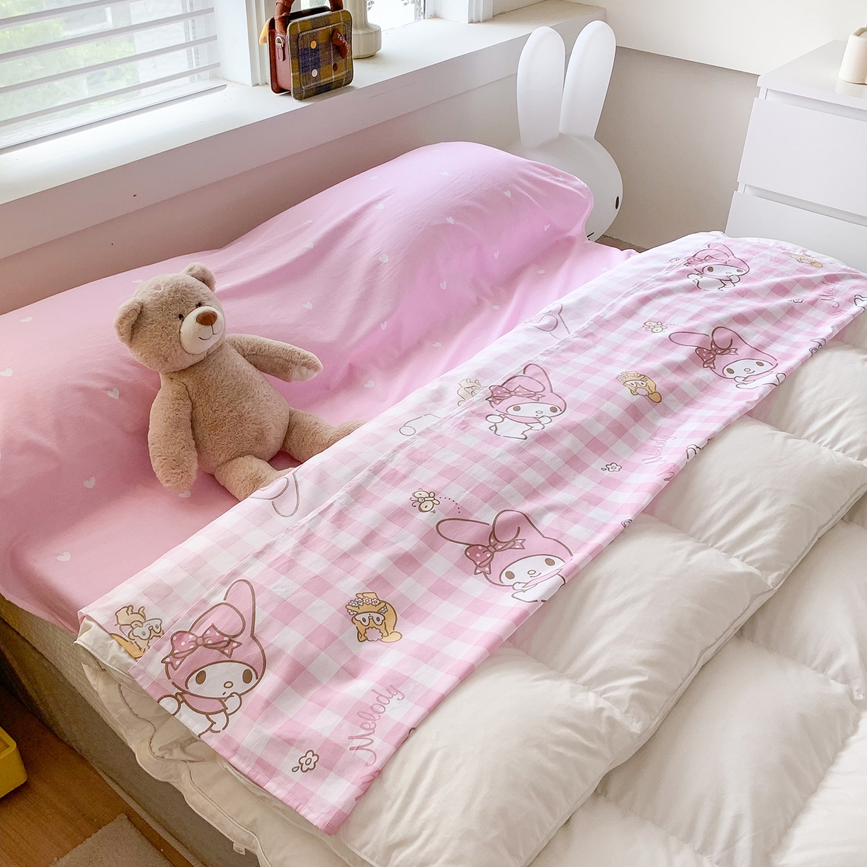 91家纺网 家纺一手货源 找家纺 玉元坊 2026新款三丽鸥正版授权儿童卡通全棉纯棉旅行隔脏睡袋火车出行睡袋 粉格美乐蒂