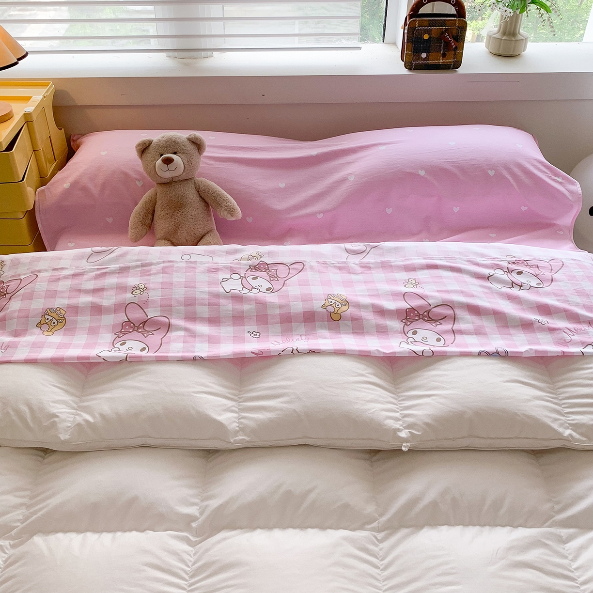 91家纺网 家纺一手货源 找家纺 玉元坊 2026新款三丽鸥正版授权儿童卡通全棉纯棉旅行隔脏睡袋火车出行睡袋 粉格美乐蒂