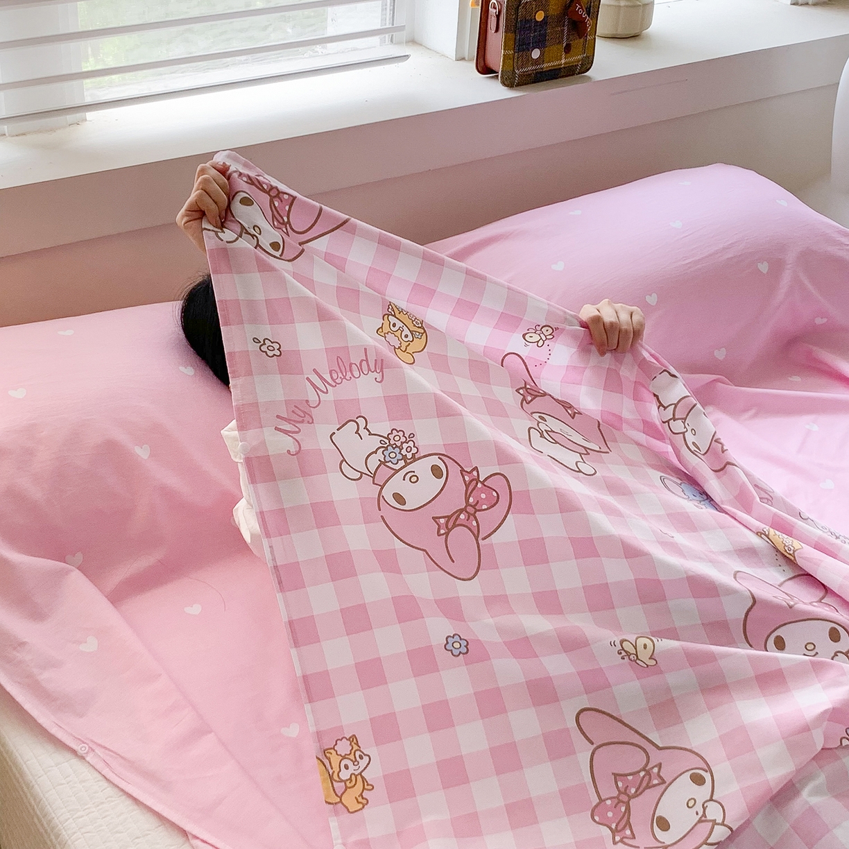 91家纺网 家纺一手货源 找家纺 玉元坊 2026新款三丽鸥正版授权儿童卡通全棉纯棉旅行隔脏睡袋火车出行睡袋 粉格美乐蒂