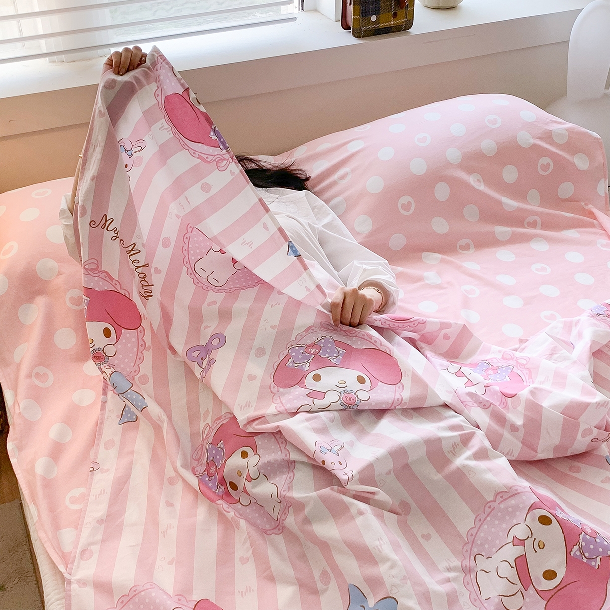 91家纺网 家纺一手货源 找家纺 玉元坊 2026新款三丽鸥正版授权儿童卡通全棉纯棉旅行隔脏睡袋火车出行睡袋 甜甜美乐蒂