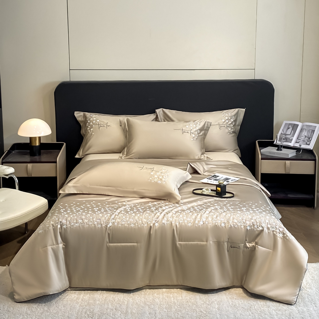 91家纺网 家纺一手货源 找家纺 新方向 2026新款刺绣A类20%蚕丝天丝棉夏被夏凉被空调被四件套-星耀 星耀-香槟