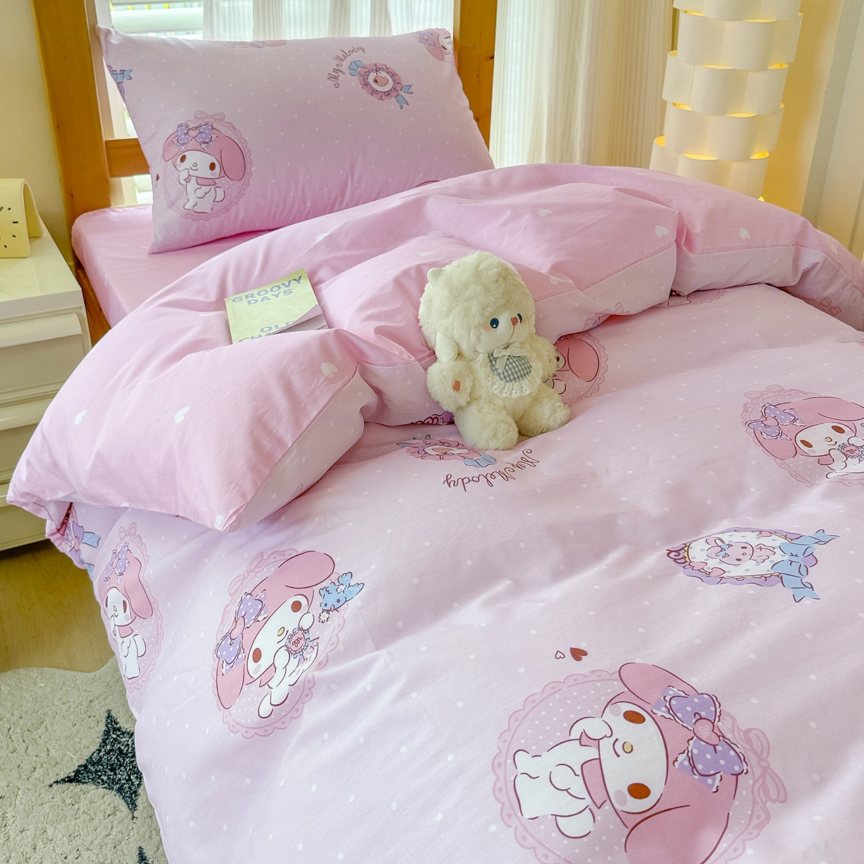 91家纺网 家纺一手货源 找家纺 玉元坊 2026新款三丽鸥正版库洛米美乐蒂凯蒂猫全棉纯棉0.9m学生宿舍床三件套基础款 小兔美乐蒂