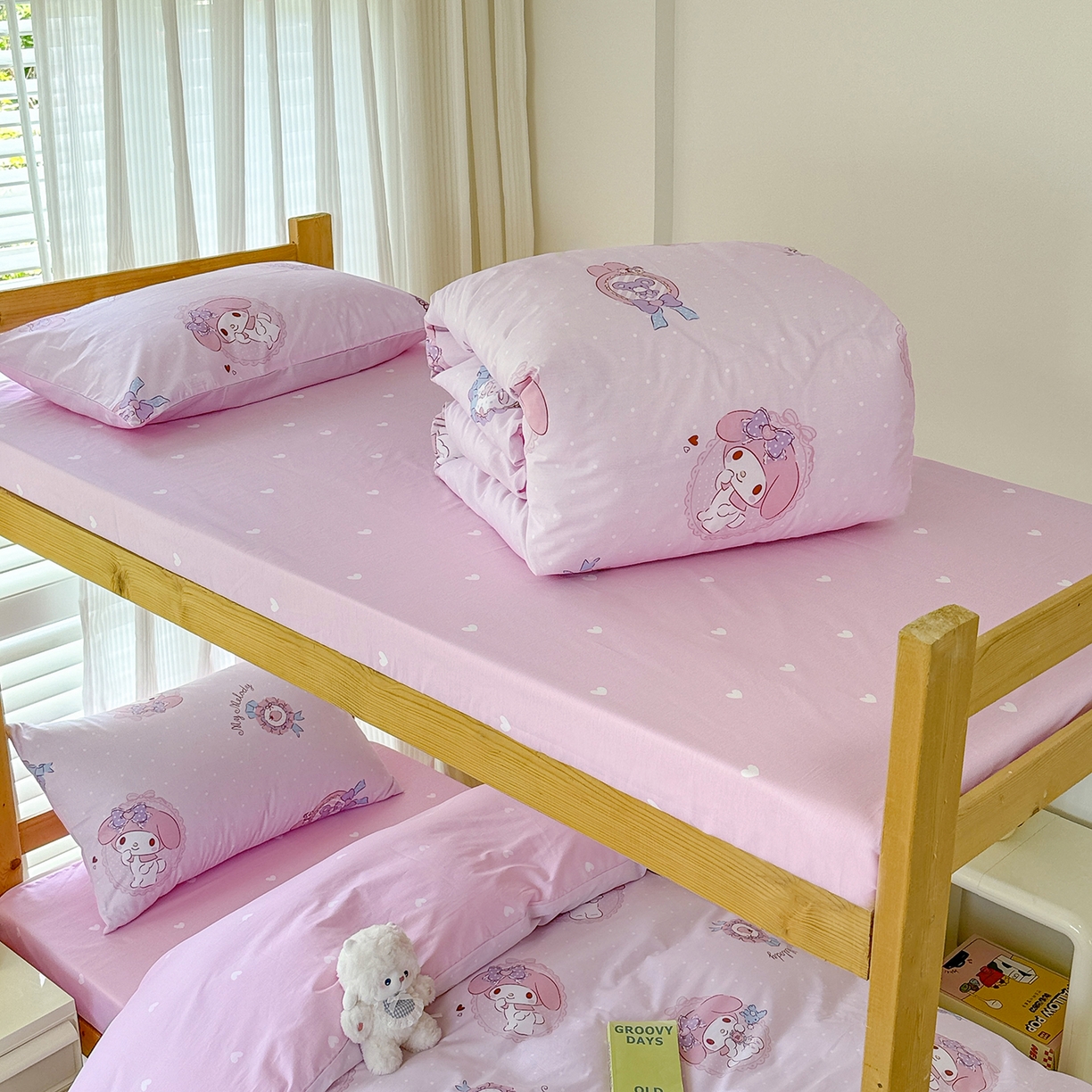 91家纺网 家纺一手货源 找家纺 玉元坊 2026新款三丽鸥正版库洛米美乐蒂凯蒂猫全棉纯棉0.9m学生宿舍床三件套基础款 小兔美乐蒂