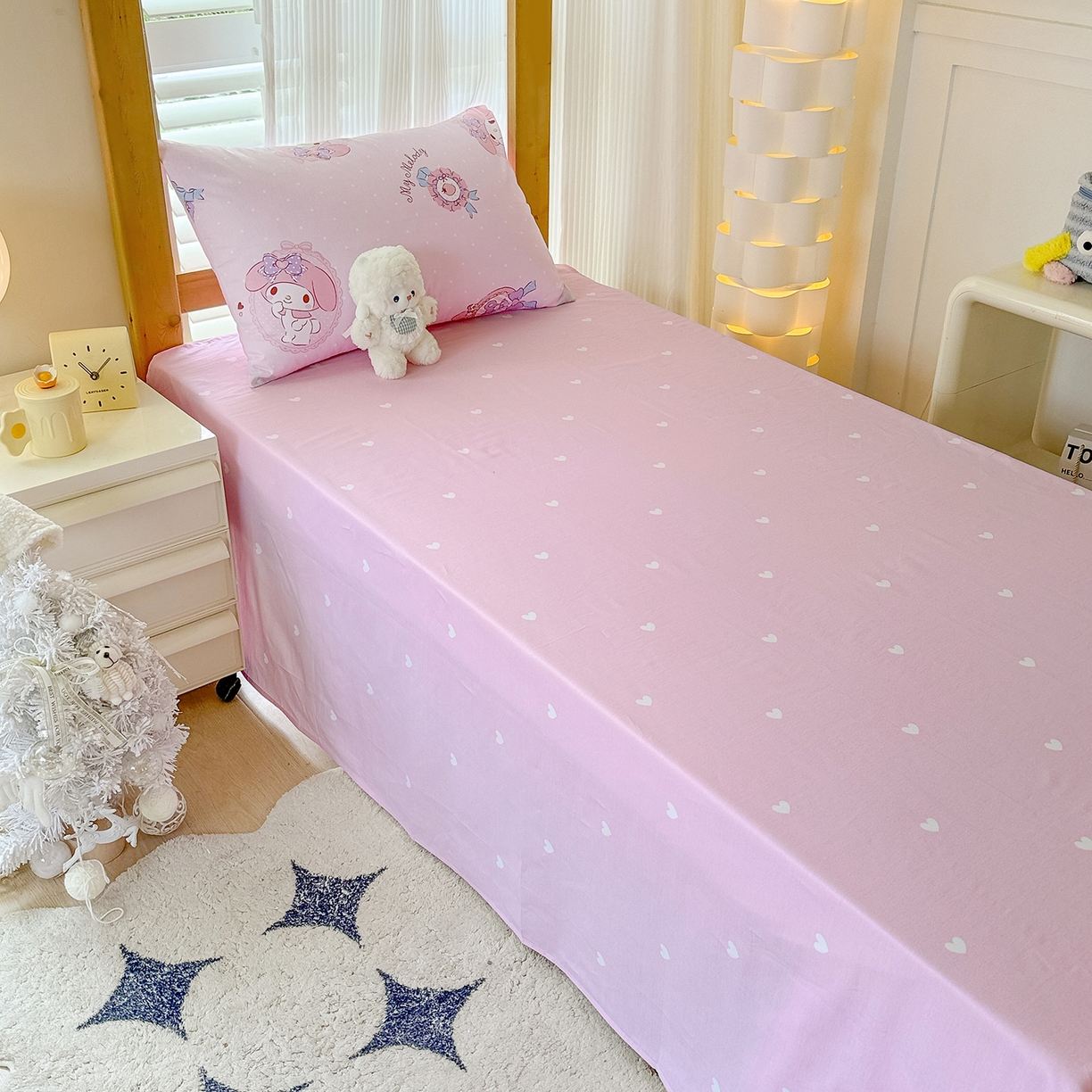 91家纺网 家纺一手货源 找家纺 玉元坊 2026新款三丽鸥正版库洛米美乐蒂凯蒂猫全棉纯棉0.9m学生宿舍床三件套基础款 小兔美乐蒂