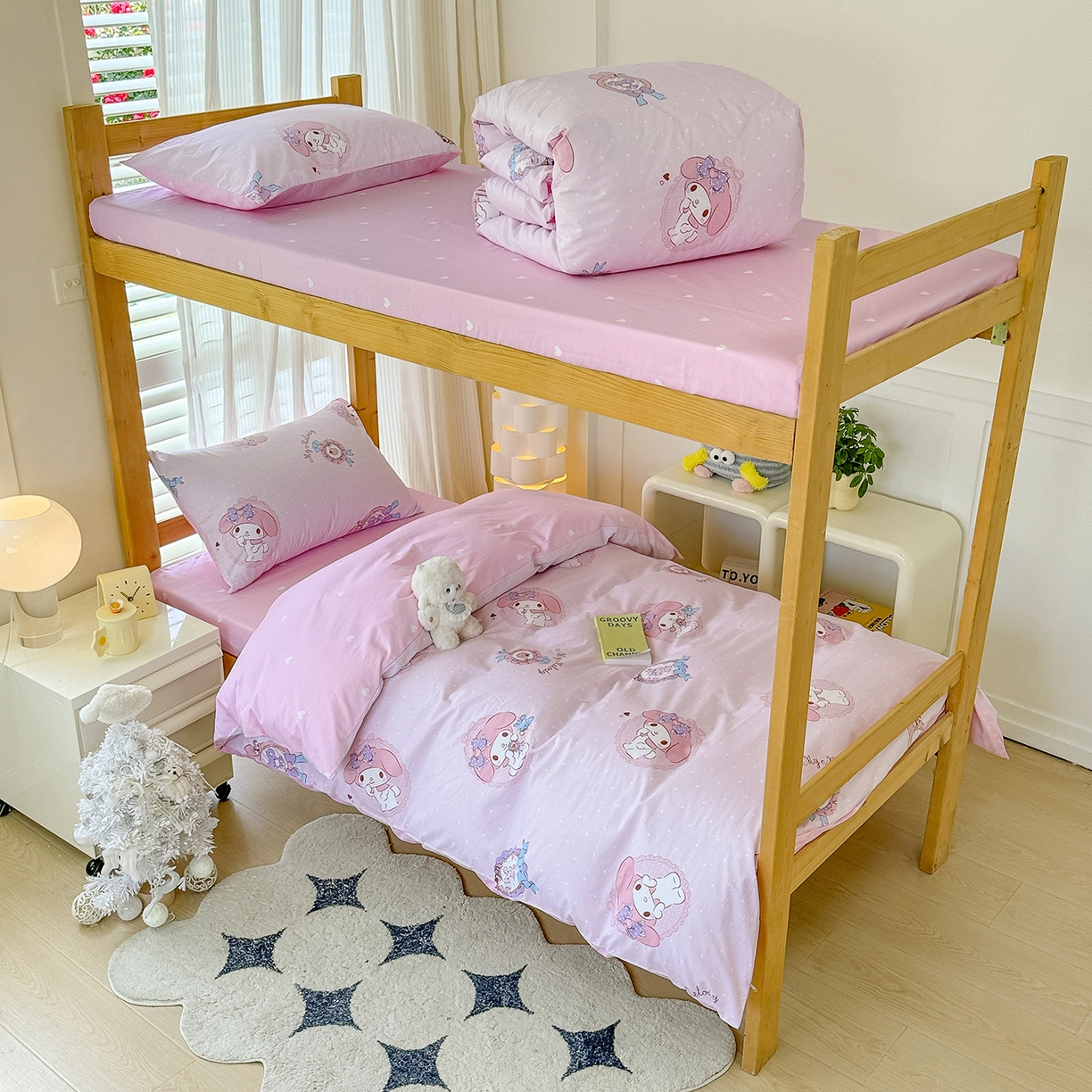 91家纺网 家纺一手货源 找家纺 玉元坊 2026新款三丽鸥正版库洛米美乐蒂凯蒂猫全棉纯棉0.9m学生宿舍床三件套基础款 小兔美乐蒂