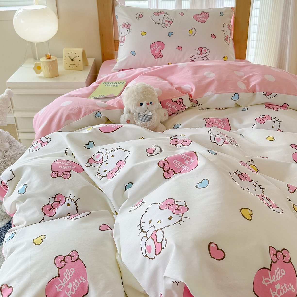 91家纺网 家纺一手货源 找家纺 玉元坊 2026新款三丽鸥正版库洛米美乐蒂凯蒂猫全棉纯棉0.9m学生宿舍床三件套基础款 公主kt