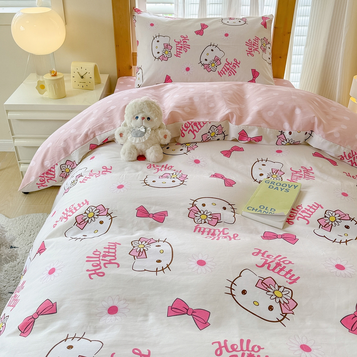 91家纺网 家纺一手货源 找家纺 玉元坊 2026新款三丽鸥正版库洛米美乐蒂凯蒂猫全棉纯棉0.9m学生宿舍床三件套基础款 雏菊kt