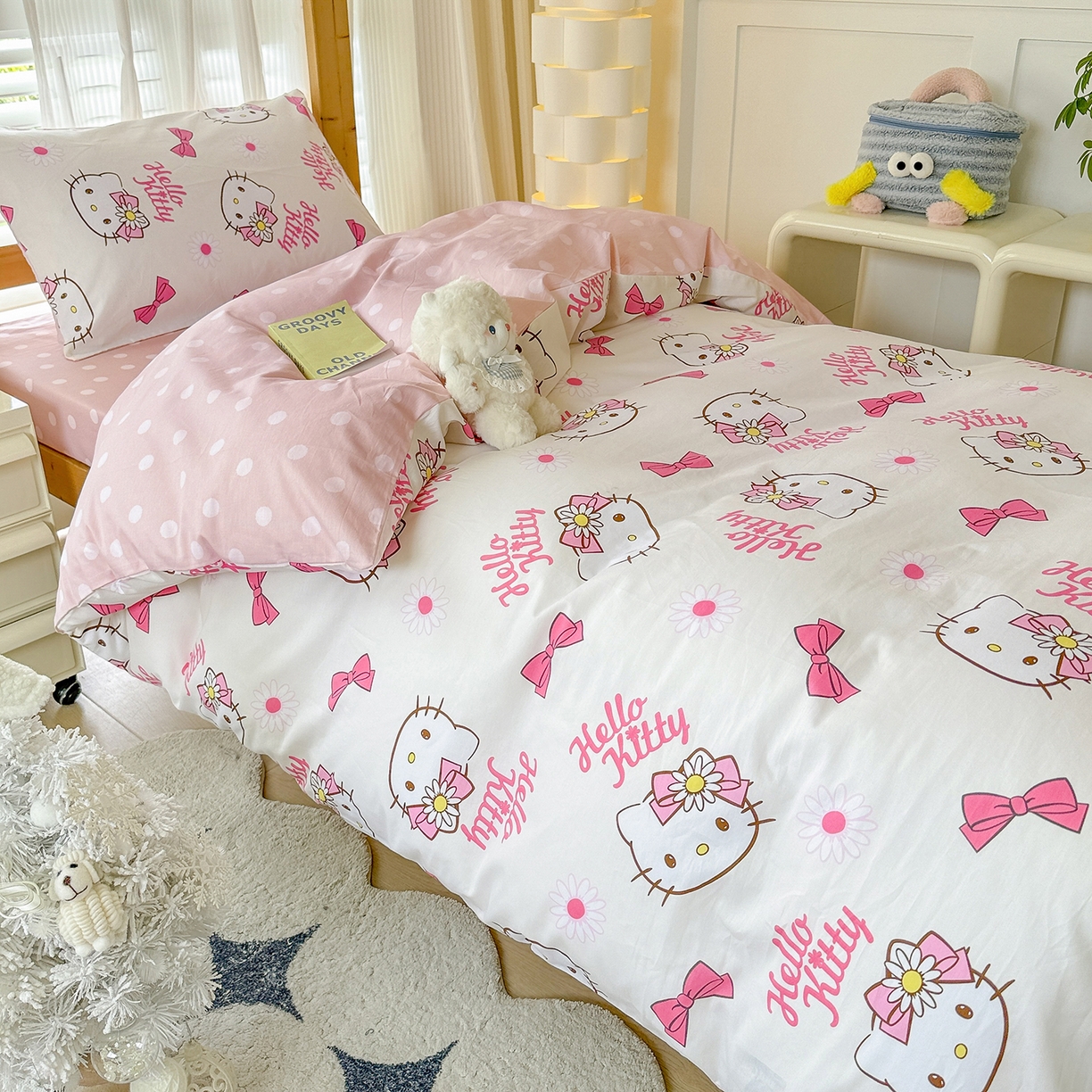 91家纺网 家纺一手货源 找家纺 玉元坊 2026新款三丽鸥正版库洛米美乐蒂凯蒂猫全棉纯棉0.9m学生宿舍床三件套基础款 雏菊kt