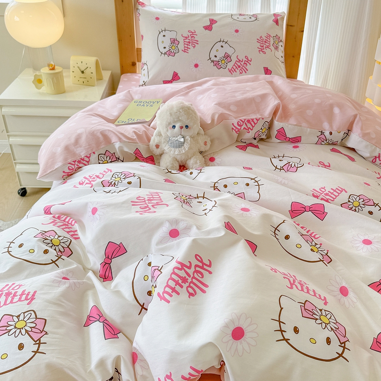 91家纺网 家纺一手货源 找家纺 玉元坊 2026新款三丽鸥正版库洛米美乐蒂凯蒂猫全棉纯棉0.9m学生宿舍床三件套基础款 雏菊kt