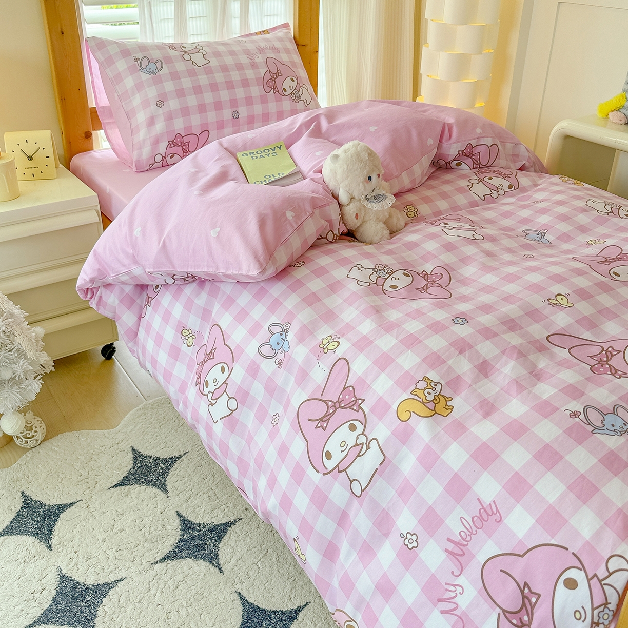 91家纺网 家纺一手货源 找家纺 玉元坊 2026新款三丽鸥正版库洛米美乐蒂凯蒂猫全棉纯棉0.9m学生宿舍床三件套基础款 粉格美乐蒂