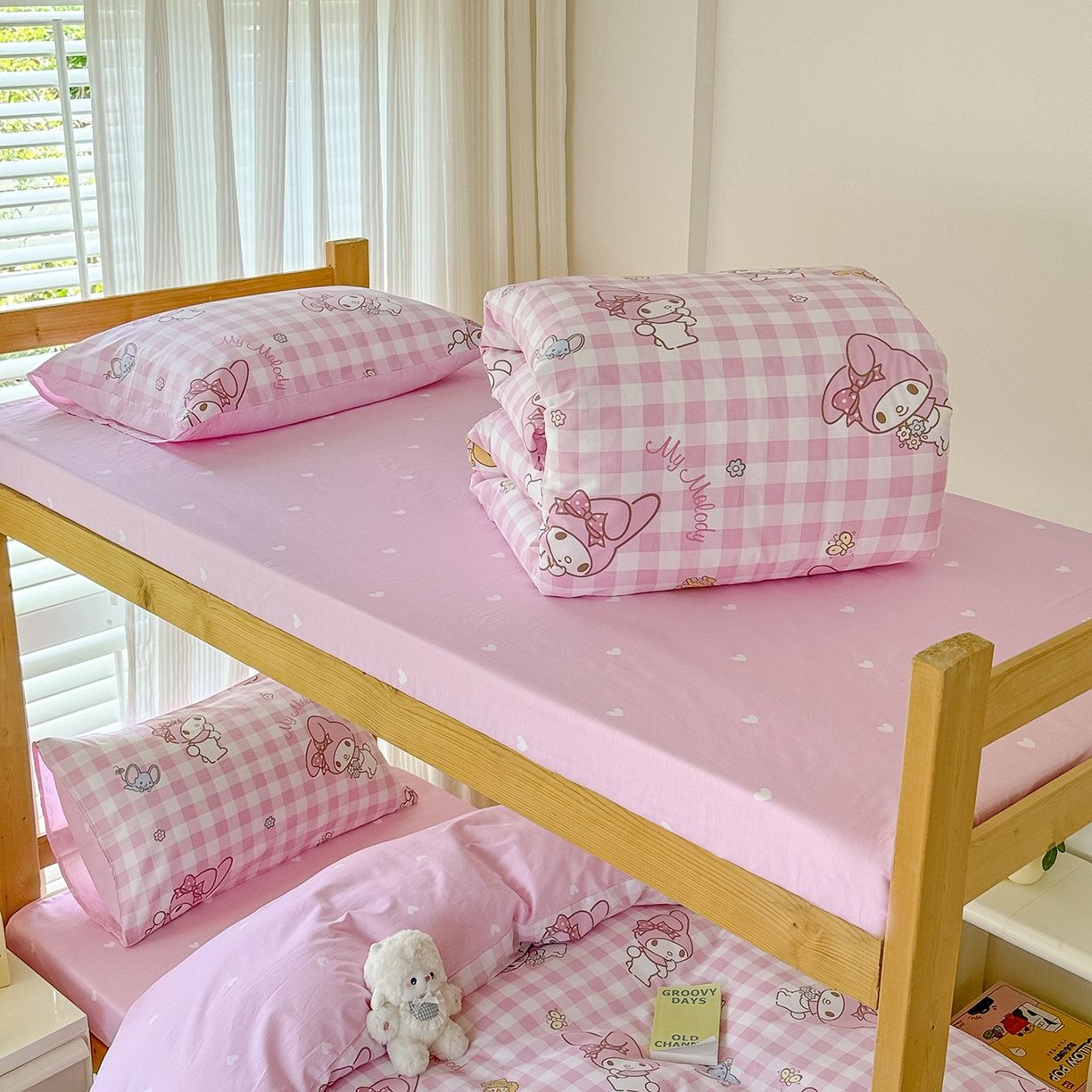 91家纺网 家纺一手货源 找家纺 玉元坊 2026新款三丽鸥正版库洛米美乐蒂凯蒂猫全棉纯棉0.9m学生宿舍床三件套基础款 粉格美乐蒂