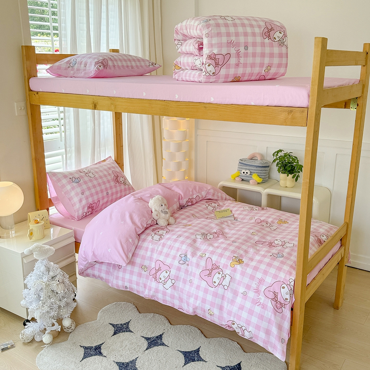 91家纺网 家纺一手货源 找家纺 玉元坊 2026新款三丽鸥正版库洛米美乐蒂凯蒂猫全棉纯棉0.9m学生宿舍床三件套基础款 粉格美乐蒂