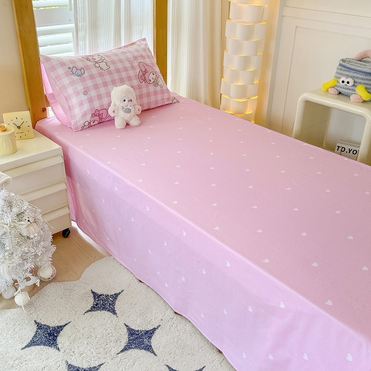 91家纺网 家纺一手货源 找家纺 玉元坊 2026新款三丽鸥正版库洛米美乐蒂凯蒂猫全棉纯棉0.9m学生宿舍床三件套基础款 粉格美乐蒂