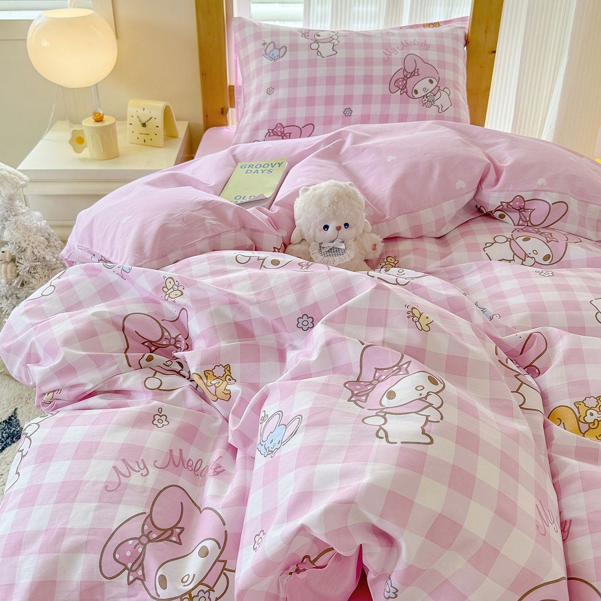 91家纺网 家纺一手货源 找家纺 玉元坊 2026新款三丽鸥正版库洛米美乐蒂凯蒂猫全棉纯棉0.9m学生宿舍床三件套基础款 粉格美乐蒂