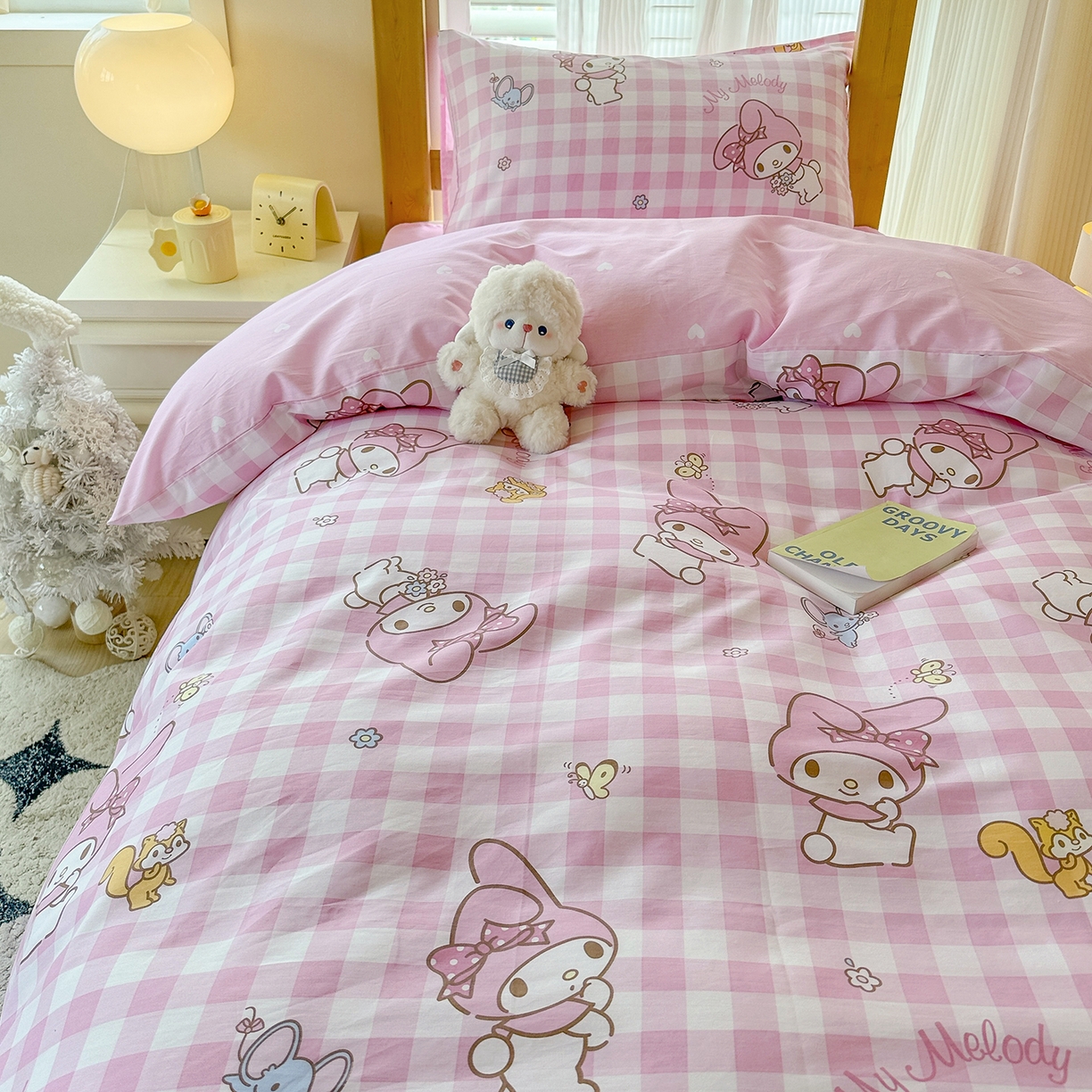 91家纺网 家纺一手货源 找家纺 玉元坊 2026新款三丽鸥正版库洛米美乐蒂凯蒂猫全棉纯棉0.9m学生宿舍床三件套基础款 粉格美乐蒂