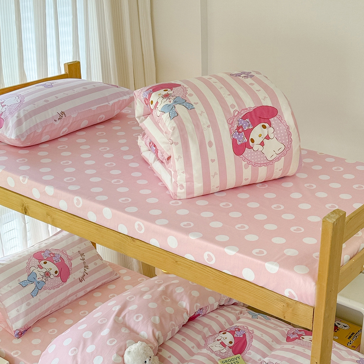 91家纺网 家纺一手货源 找家纺 玉元坊 2026新款三丽鸥正版库洛米美乐蒂凯蒂猫全棉纯棉0.9m学生宿舍床三件套基础款 甜甜美乐蒂