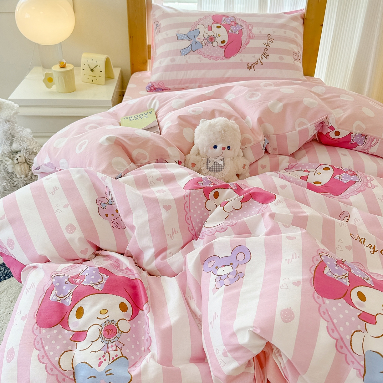 91家纺网 家纺一手货源 找家纺 玉元坊 2026新款三丽鸥正版库洛米美乐蒂凯蒂猫全棉纯棉0.9m学生宿舍床三件套基础款 甜甜美乐蒂