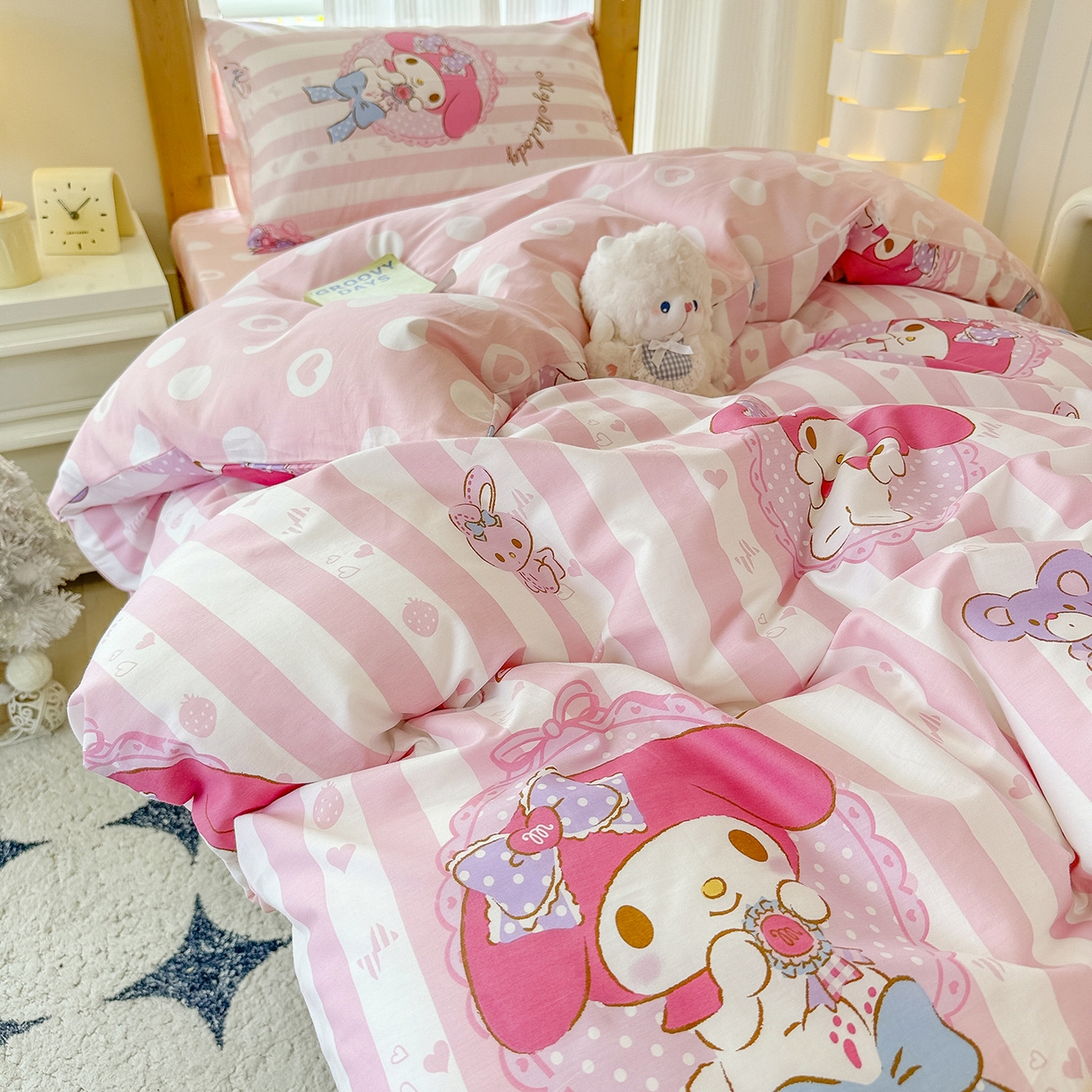 91家纺网 家纺一手货源 找家纺 玉元坊 2026新款三丽鸥正版库洛米美乐蒂凯蒂猫全棉纯棉0.9m学生宿舍床三件套基础款 甜甜美乐蒂