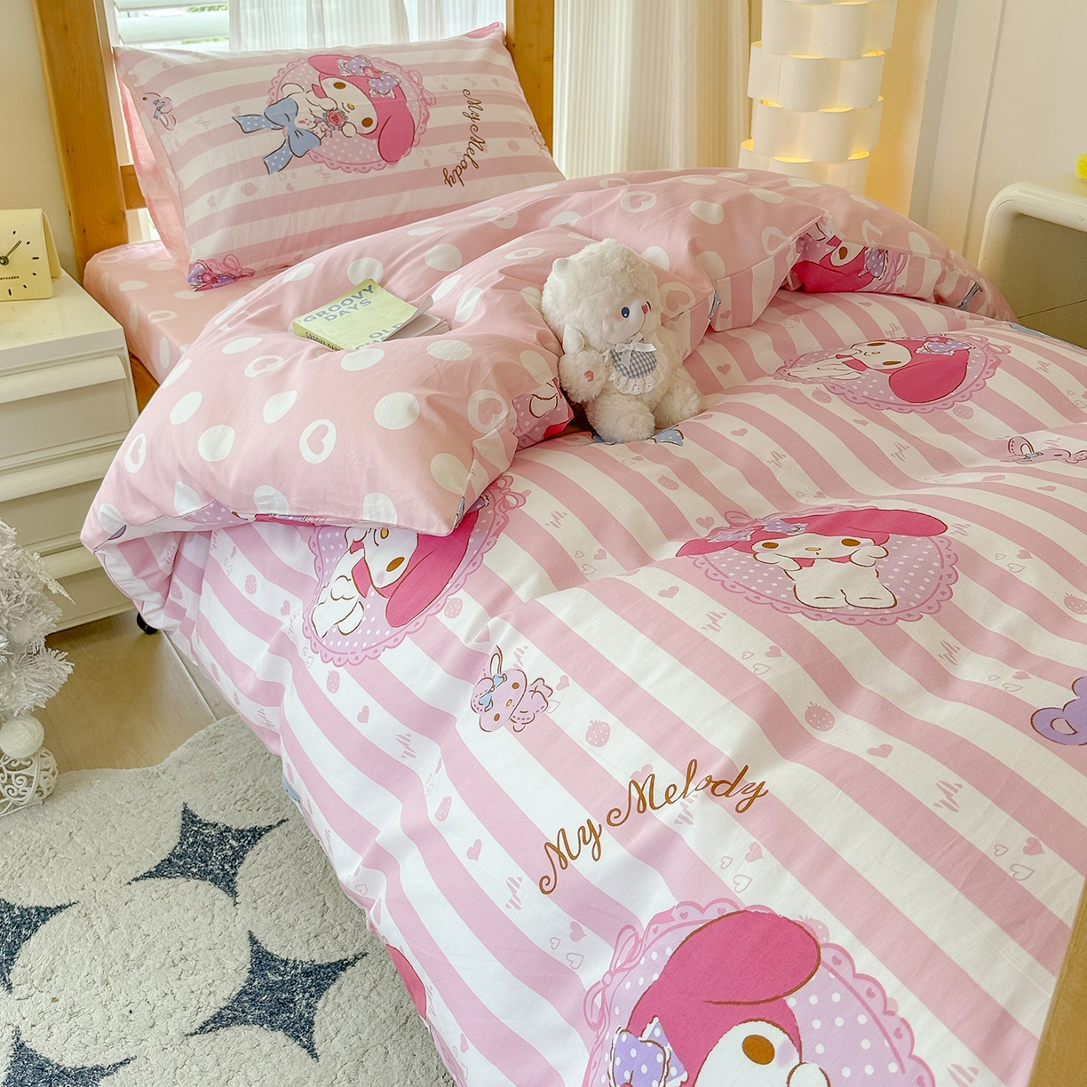 91家纺网 家纺一手货源 找家纺 玉元坊 2026新款三丽鸥正版库洛米美乐蒂凯蒂猫全棉纯棉0.9m学生宿舍床三件套基础款 甜甜美乐蒂